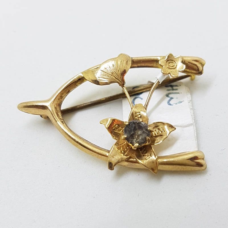 9ct Yellow Gold with Smokey Quartz - Flower in Wishbone Brooch - Antique
