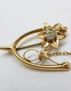 9ct Yellow Gold Flower in Wishbone Brooch - Antique