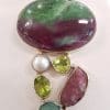 Sterling Silver Large Ruby Zoisite, Ruby, Emerald, Peridot & Pearl Pendant on Silver Chain