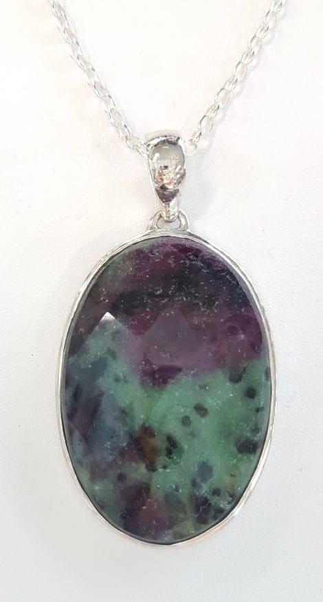 Sterling Silver Large Oval Ruby Zoisite Pendant on Silver Chain