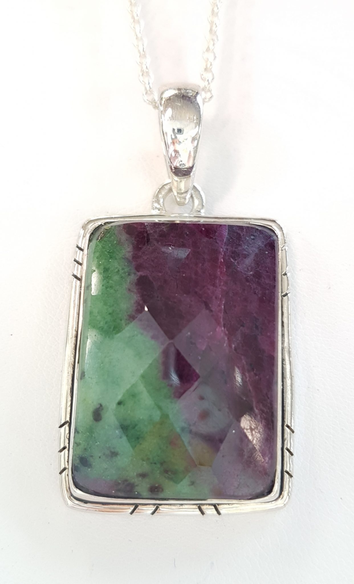 Sterling Silver Large Ruby Zoisite Faceted Rectangular Pendant on Silver Chain