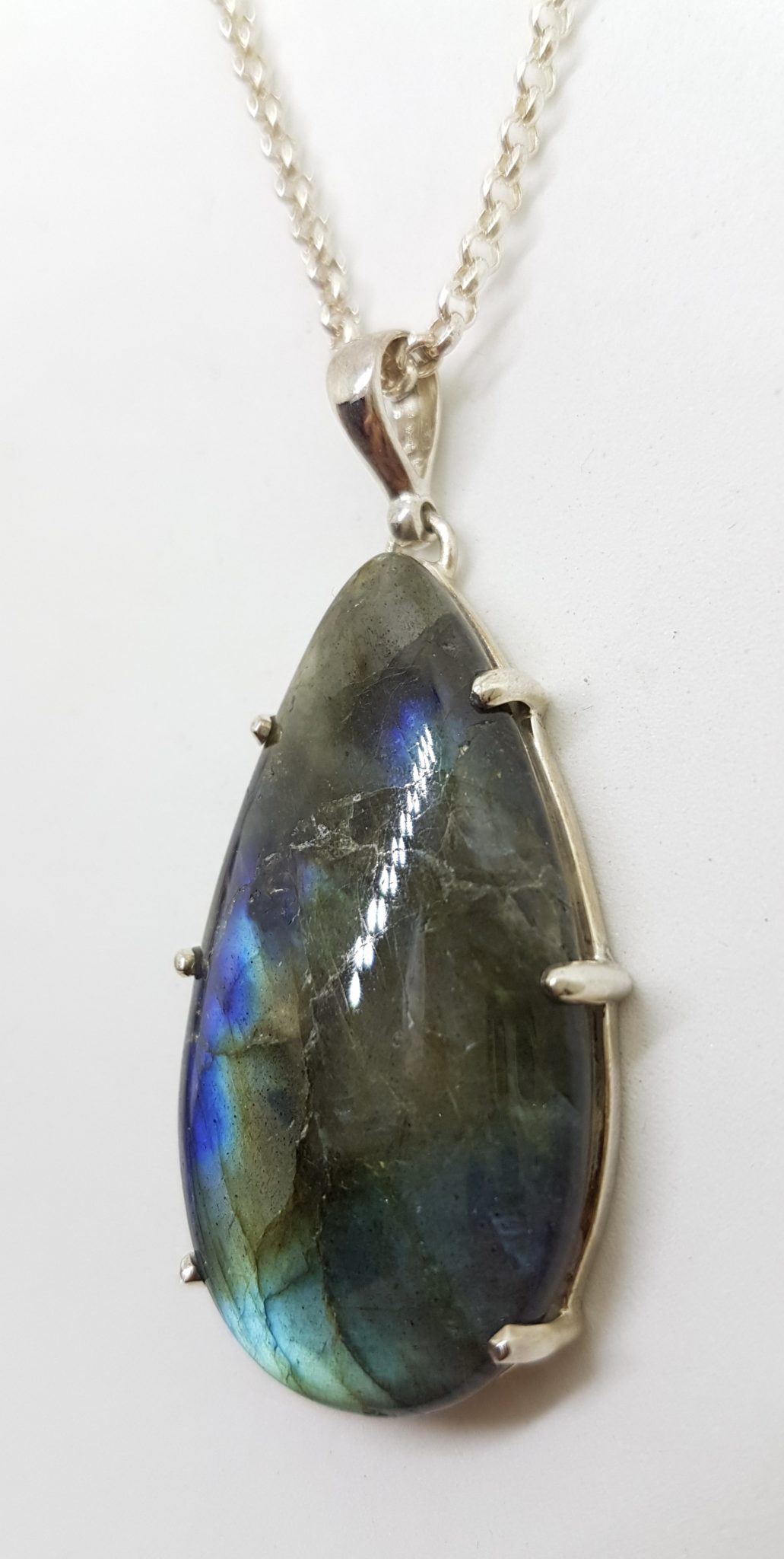Sterling Silver Teardrop / Pear Shape Labradorite Pendant on Silver Chain