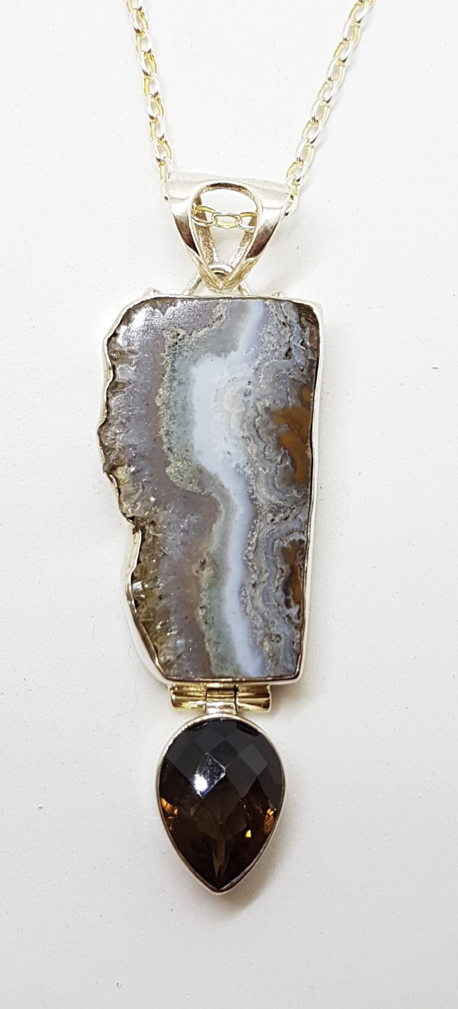 Sterling Silver Long / Large Agate with Smokey Quartz Pendant on Silver Chain