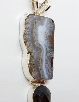 Sterling Silver Long / Large Agate with Smokey Quartz Pendant on Silver Chain