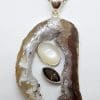 Sterling Silver Druzy Agate with Moonstone and Smokey Quartz Pendant on Chain