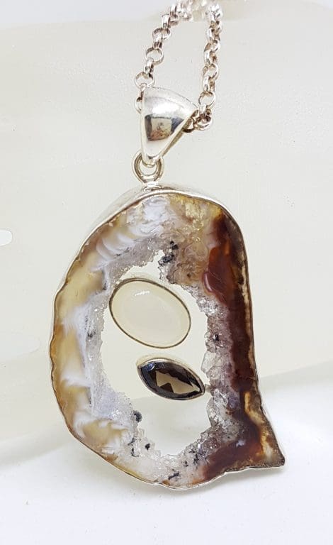 Sterling Silver Druzy Agate with Moonstone and Smokey Quartz Pendant on Chain