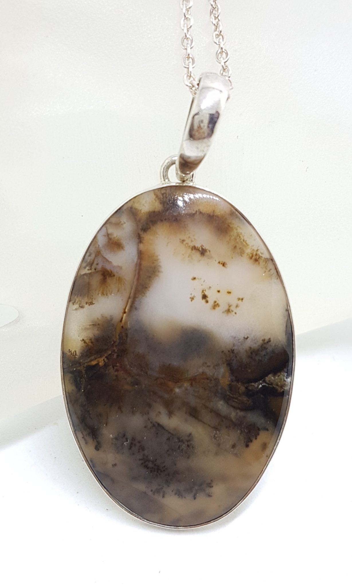 20200720_181423 Sterling Silver Large Oval Landscape Agate Pendant on Silver Chain