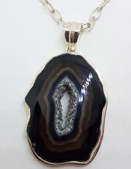 Sterling Silver Large Black Druzy Pendant on Silver Chain