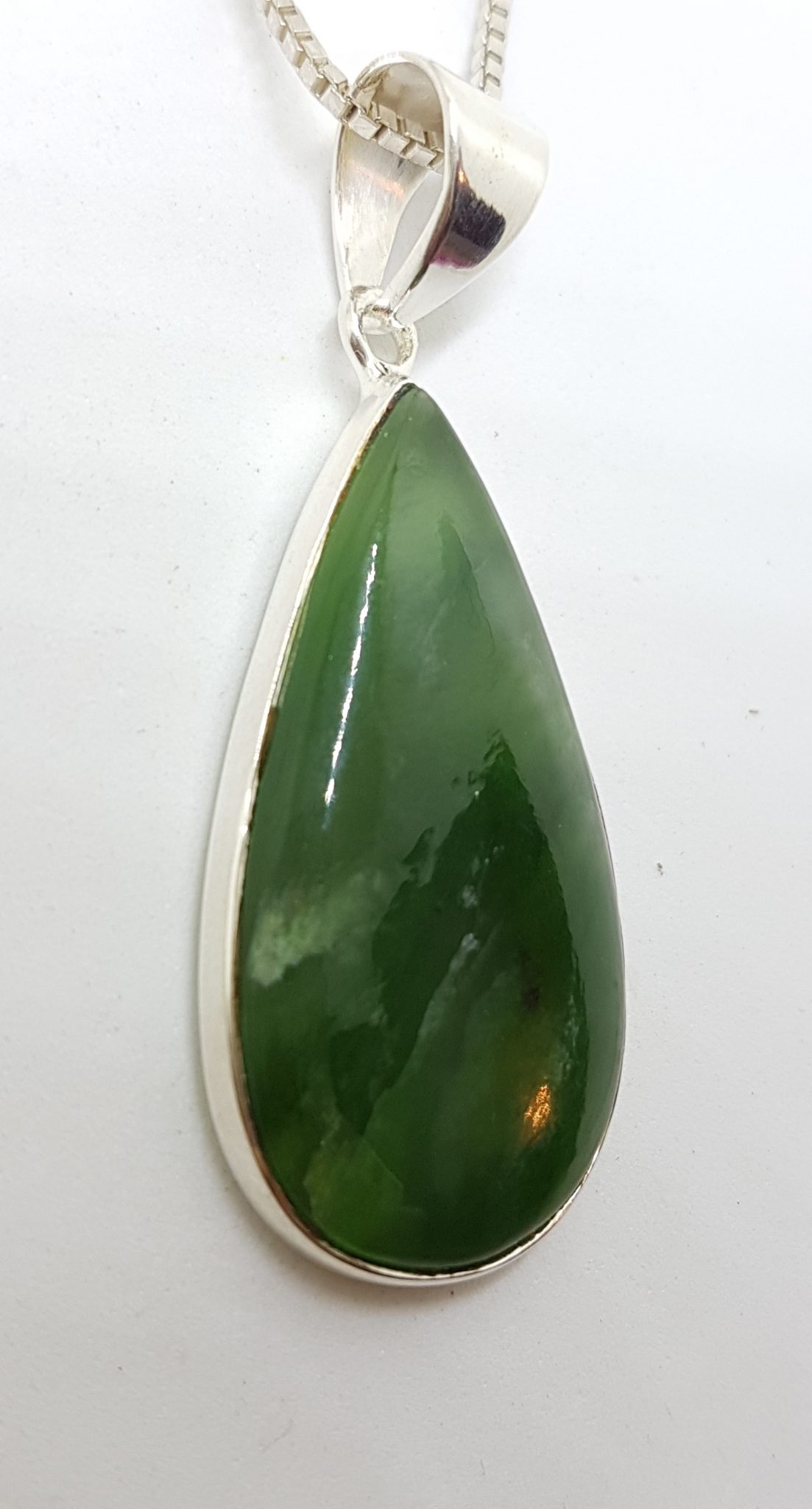 Sterling Silver Large Jade Teardrop Shape Pendant on Sterling Silver Chain