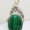 Sterling Silver Large Oval Malachite with Ornate Leaf Design Pendant on Silver Chain