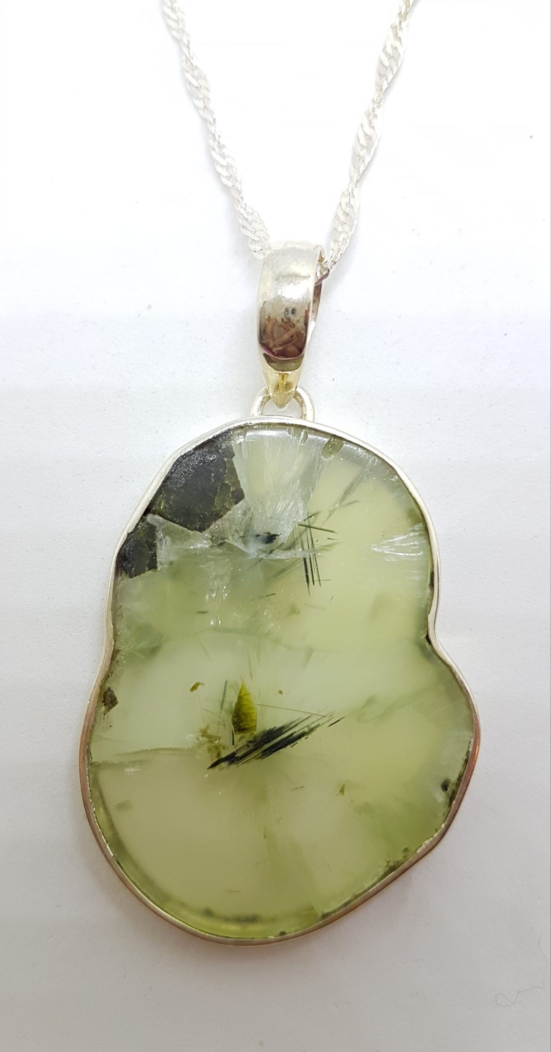 Sterling Silver Large Prehnite Slice Pendant on Silver Chain