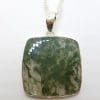 Sterling Silver Large Square Moss Agate Pendant on Silver Chain