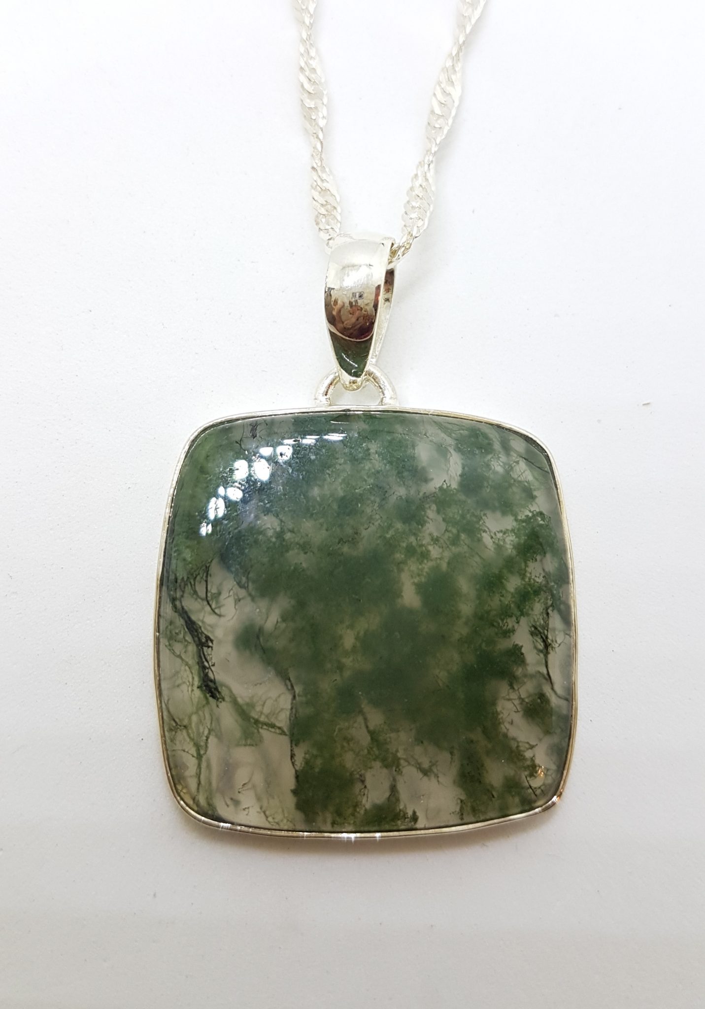 Sterling Silver Large Square Moss Agate Pendant on Silver Chain