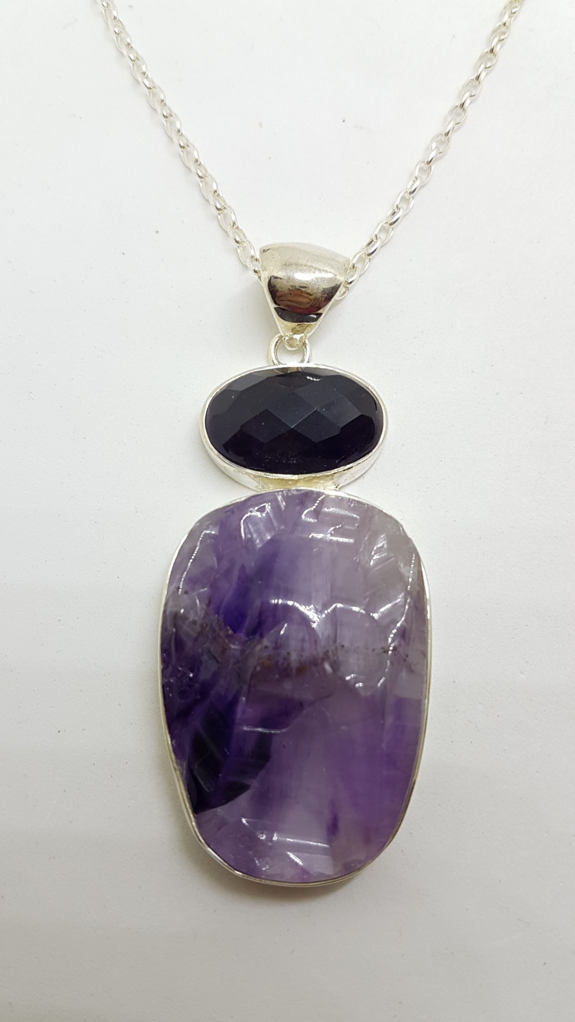Sterling Silver Large Amethyst with Onyx Pendant on Silver Chain