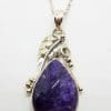 Sterling Silver Large Ornate Leaf Design Charoite Pendant on Chain