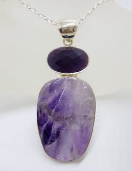 Sterling Silver Large Amethyst with Onyx Pendant on Silver Chain