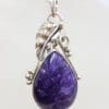 Sterling Silver Large Ornate Leaf Design Charoite Pendant on Chain