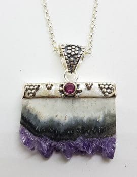 Sterling Silver Amethyst Crystal Slice with Rhodolite Garnet Pendant on Chain