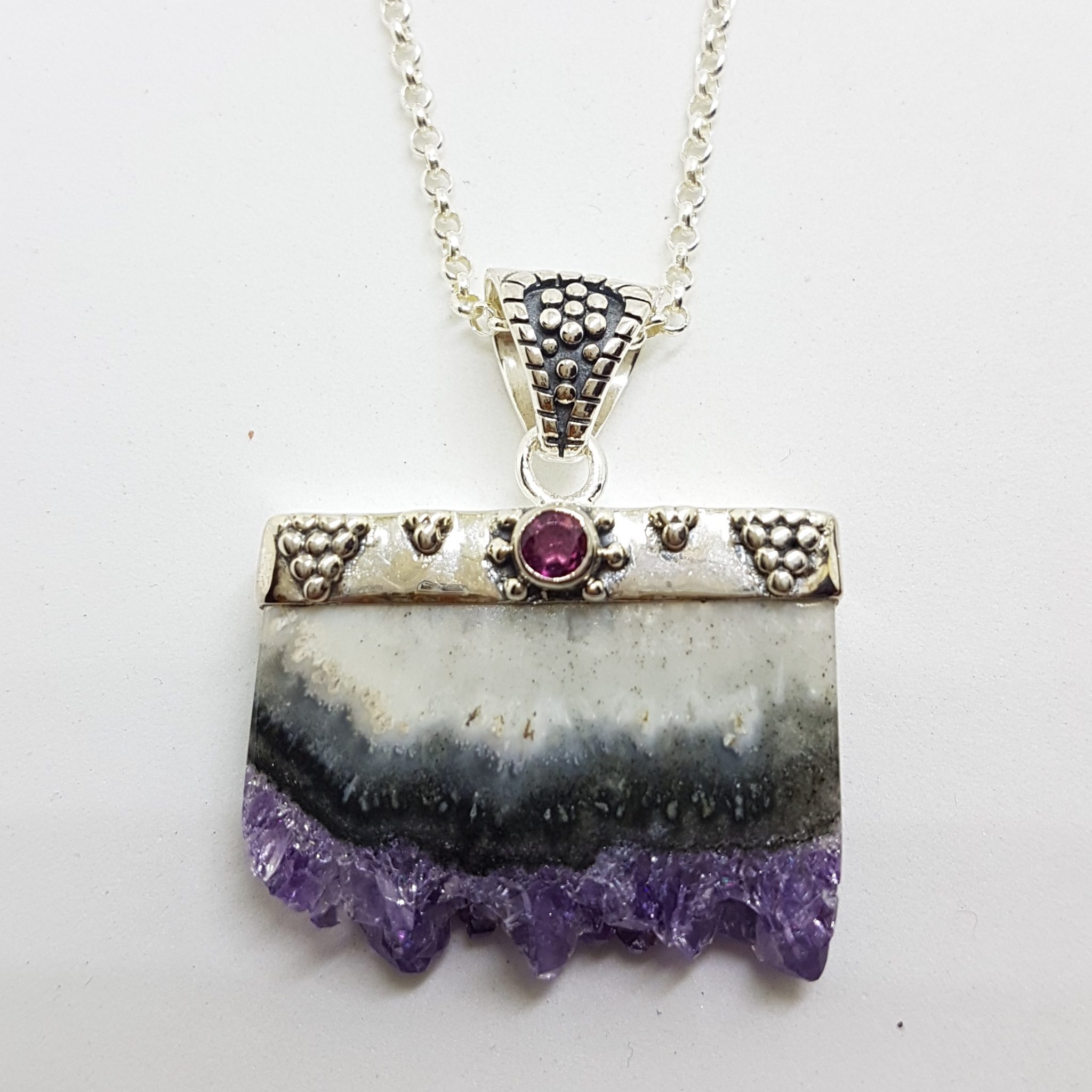 20200720_185608 Sterling Silver Amethyst Crystal Slice with Rhodolite Garnet Pendant on Chain