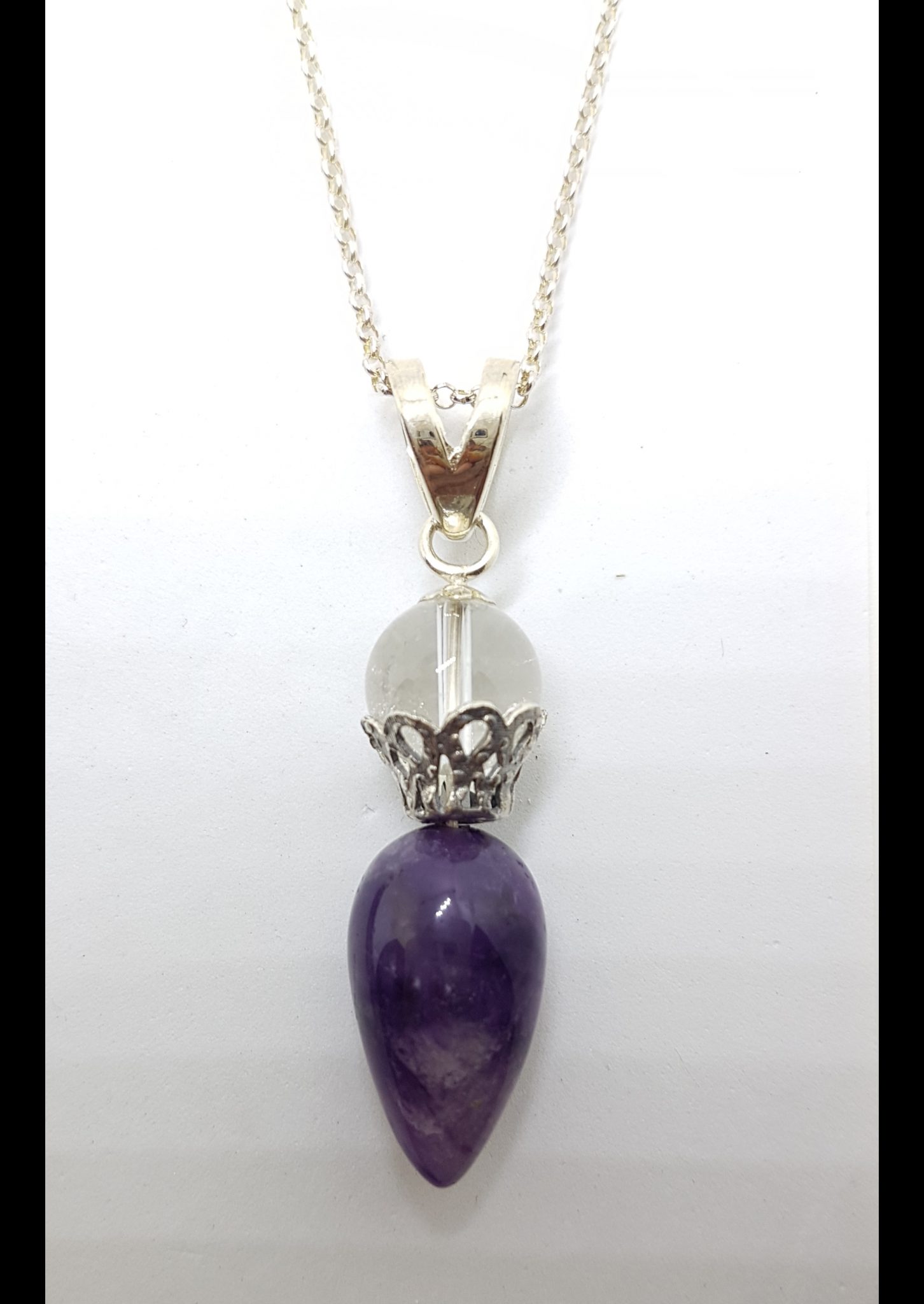 Sterling Silver Amethyst & Clear Crystal Quartz Pendulum Pendant on Silver Chain