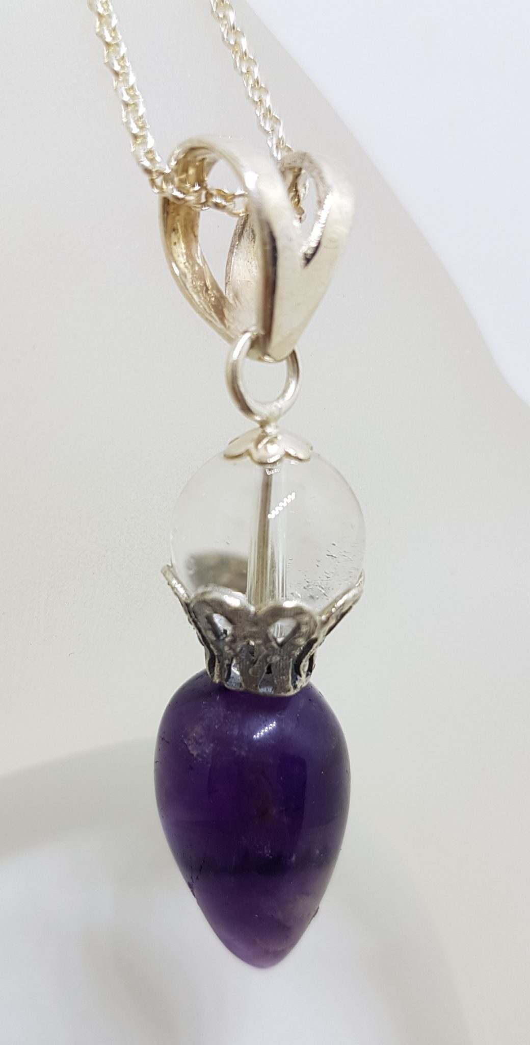 Sterling Silver Amethyst & Clear Crystal Quartz Pendulum Pendant on Silver Chain