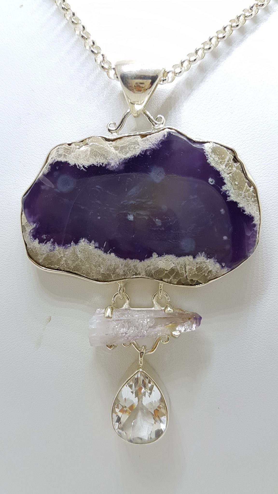 20200720_190316 Sterling Silver Very Large Amethyst Slice & Clear Crystal Quartz Drop Pendant on Silver Chain