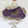 Sterling Silver Very Large Amethyst Slice & Clear Crystal Quartz Drop Pendant on Silver Chain