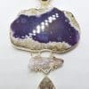 Sterling Silver Very Large Amethyst Slice & Clear Crystal Quartz Drop Pendant on Silver Chain