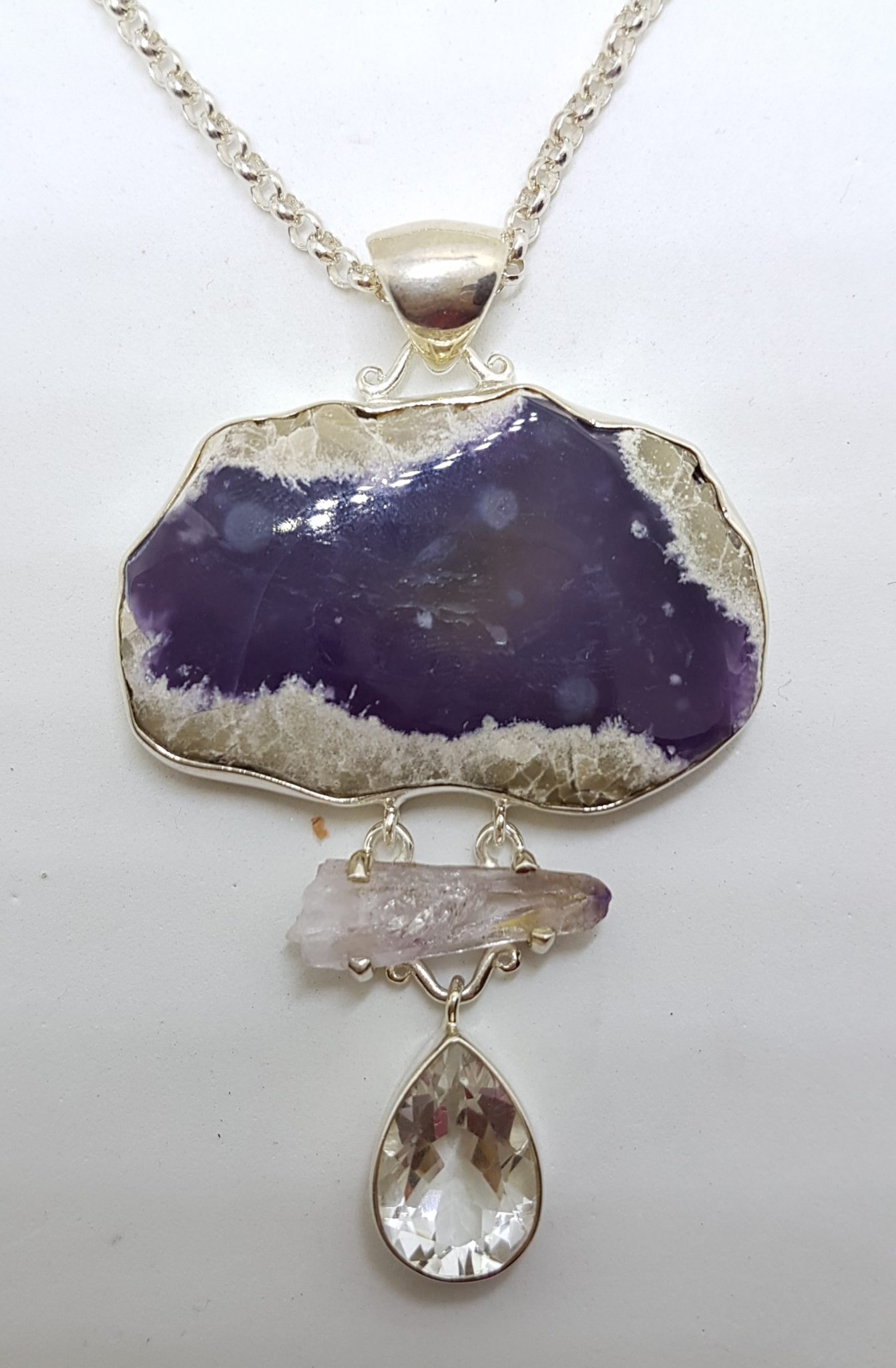 20200720_190419 Sterling Silver Very Large Amethyst Slice & Clear Crystal Quartz Drop Pendant on Silver Chain