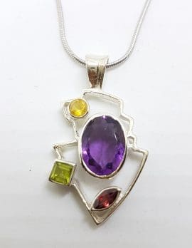 Sterling Silver Amethyst, Peridot, Garnet and Citrine Pendant on Silver Chain