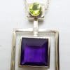 Sterling Silver Square Amethyst with Green Peridot Square Pendant on Silver Chain