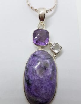 Sterling Silver Amethyst, Charoite and Clear Crystal Quartz Cluster Pendant on Silver Chain