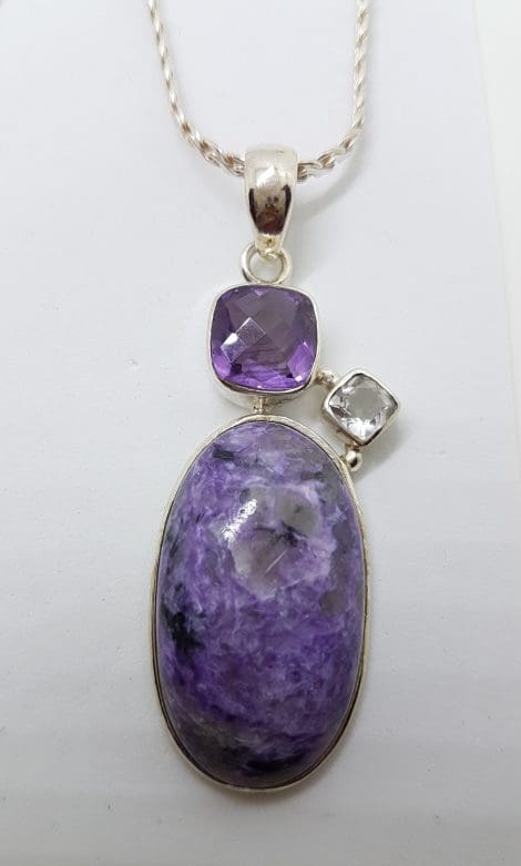 Sterling Silver Amethyst, Charoite and Clear Crystal Quartz Cluster Pendant on Silver Chain