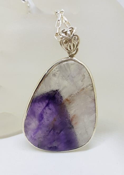 Sterling Silver Very Large Oval Amethyst Slice Pendant on Long Silver Chain