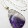 Sterling Silver Very Large Oval Amethyst Slice Pendant on Long Silver Chain