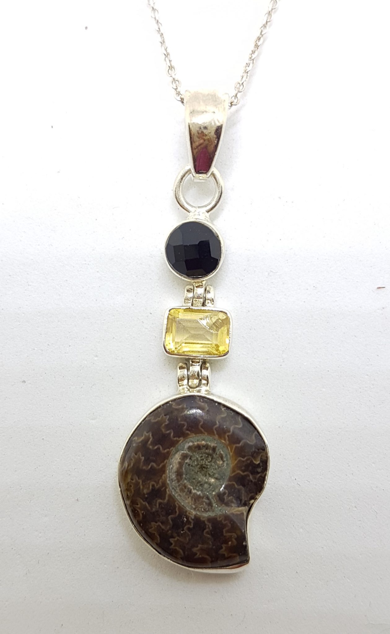 20200720_191929 Sterling Silver Ammonite, Smokey Quartz and Citrine Drop Pendant on Silver Chain