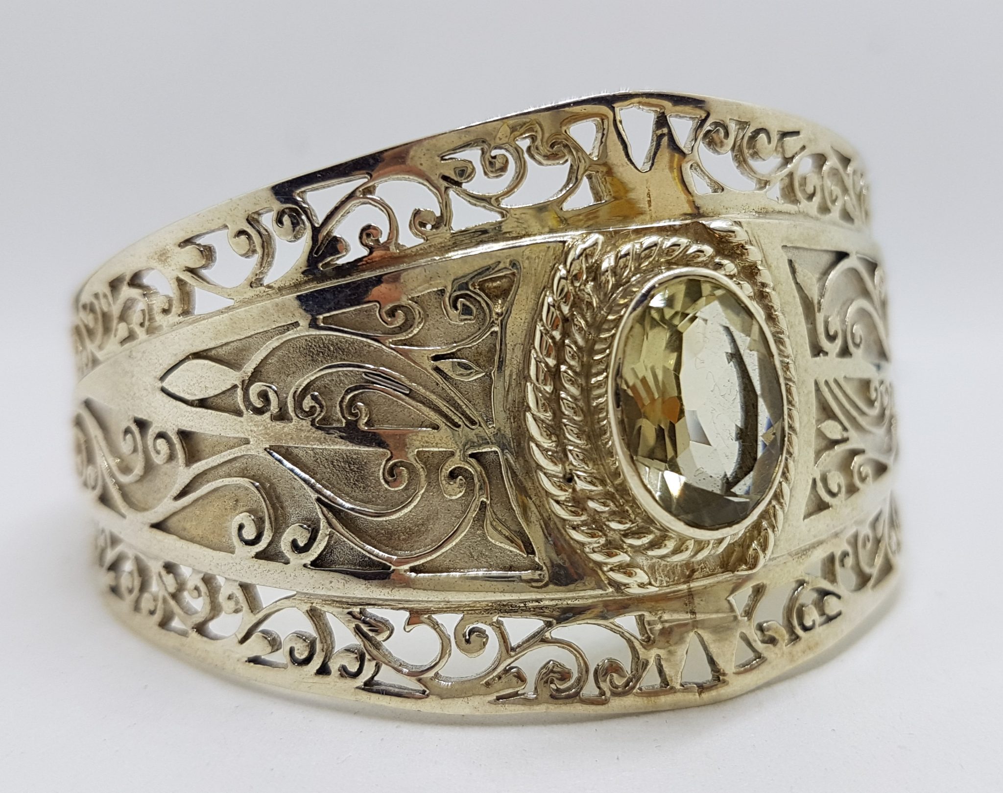 20200721_115207 Sterling Silver Large Ornate Filigree Design Bangle - Wide - with Green Amethyst / Prasiolite