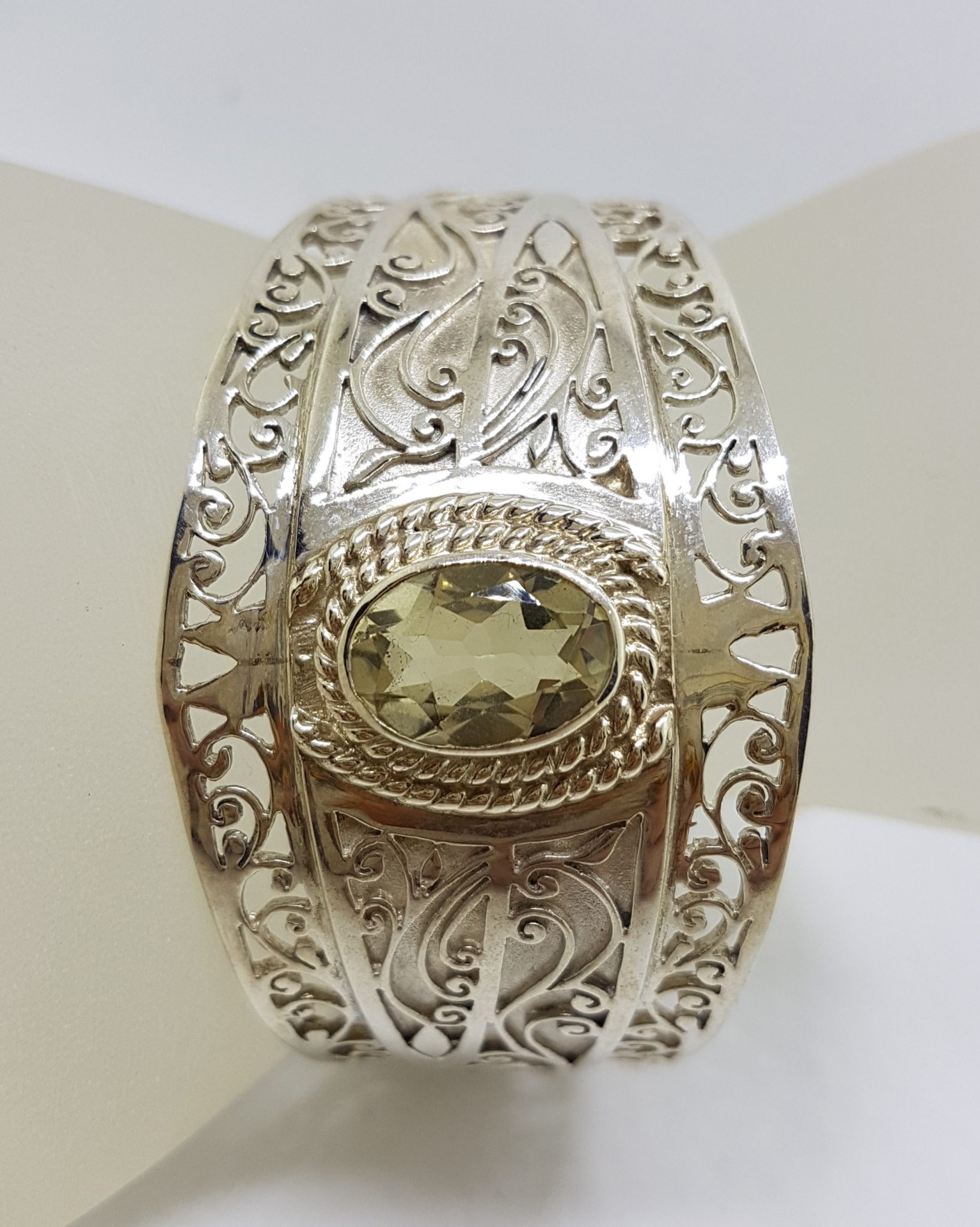 20200721_115237 Sterling Silver Large Ornate Filigree Design Bangle - Wide - with Green Amethyst / Prasiolite