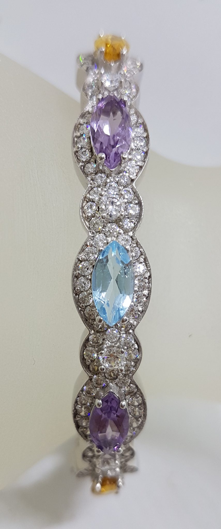 Sterling Silver Topaz, Amethyst, Citrine and Cubic Zirconia Oval Hinged Bangle