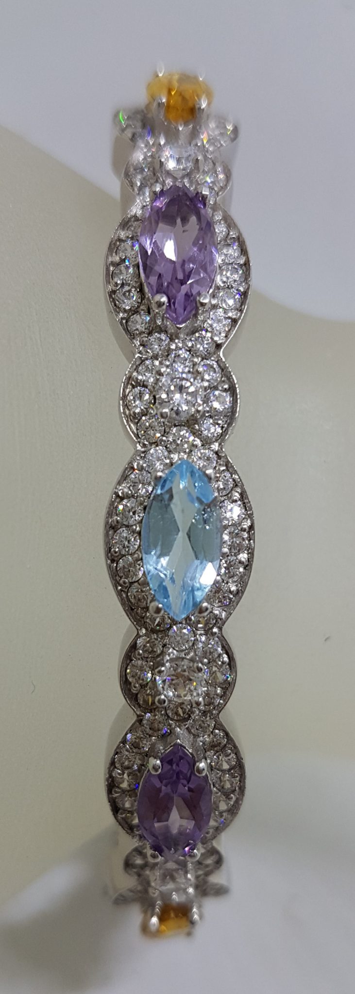 Sterling Silver Topaz, Amethyst, Citrine and Cubic Zirconia Oval Hinged Bangle