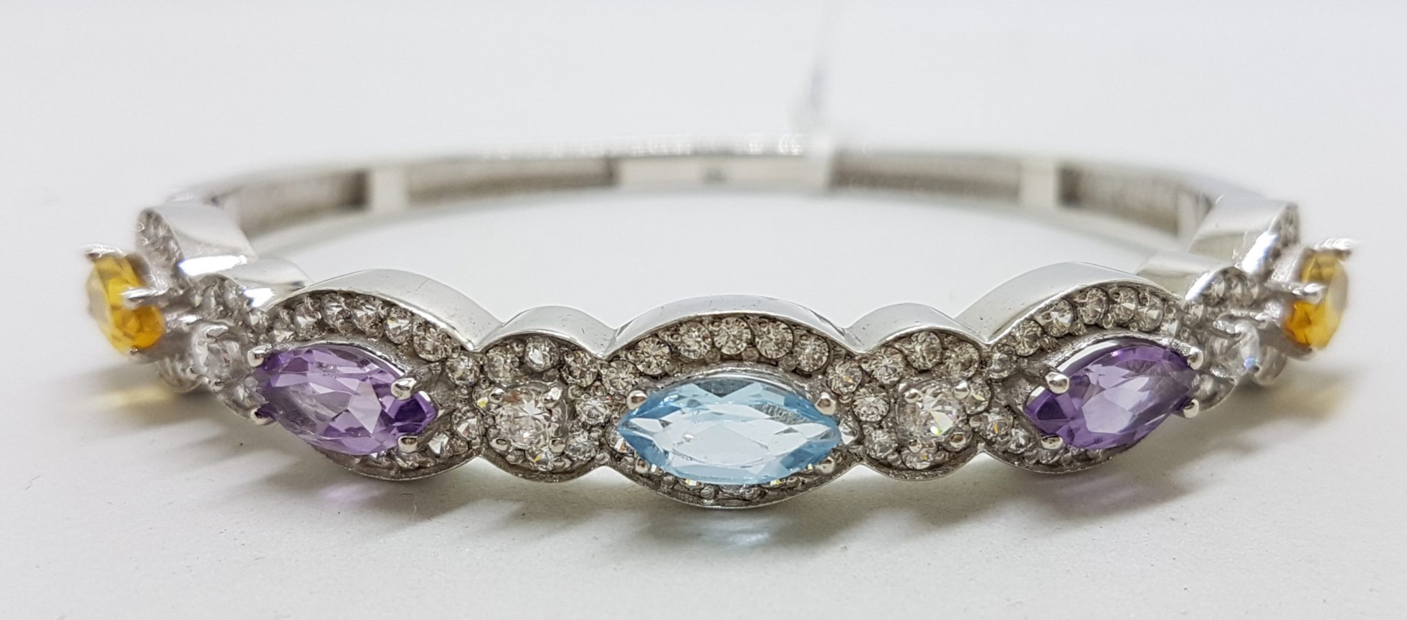 Sterling Silver Topaz, Amethyst, Citrine and Cubic Zirconia Oval Hinged Bangle