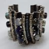 Sterling Silver Very Wide Cuff Bangle with Assorted Multi-Colour Gemstones - Including Turquoise, Moonstone, Onyx, Amethyst, Lapis Lazuli Tiger Eye Labradorite