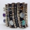 Sterling Silver Very Wide Cuff Bangle with Assorted Multi-Colour Gemstones - Including Turquoise, Moonstone, Onyx, Amethyst, Lapis Lazuli Tiger Eye Labradorite
