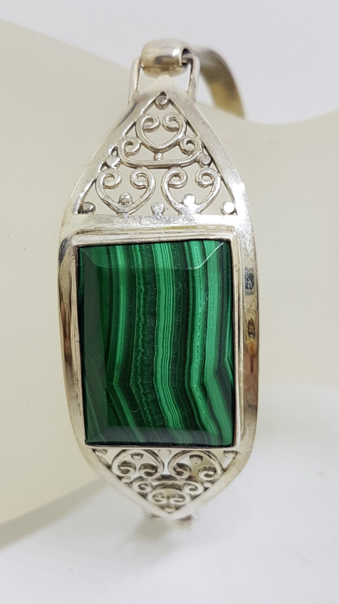 Sterling Silver Filigree Rectangular Malachite Bangle - Ornate