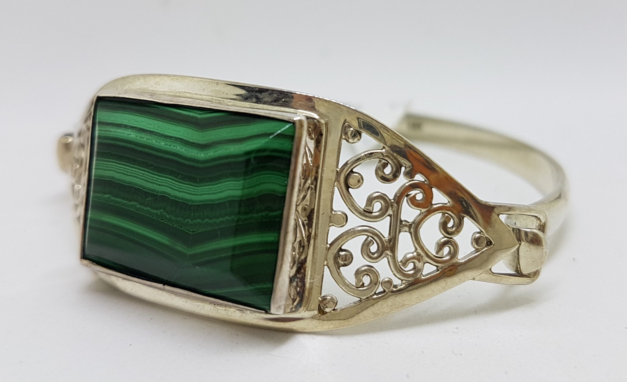 Sterling Silver Filigree Rectangular Malachite Bangle - Ornate
