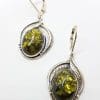 Sterling Silver Ornate Oval Green Natural Baltic Amber Drop Earrings - Gumleaf / Leaf Motif