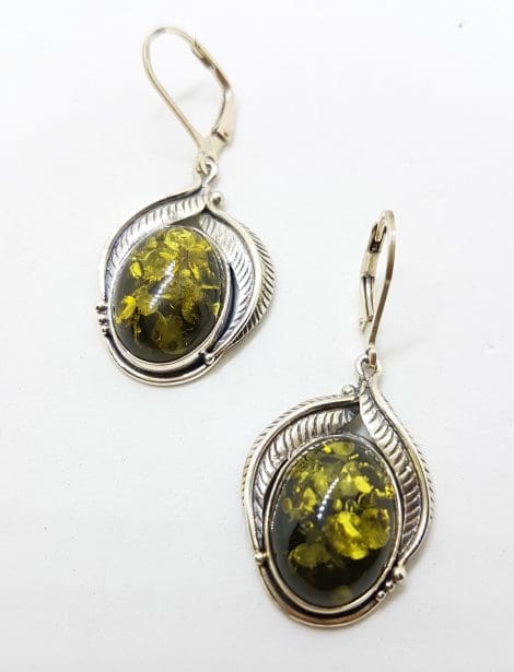 Sterling Silver Ornate Oval Green Natural Baltic Amber Drop Earrings - Gumleaf / Leaf Motif