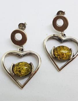 Sterling Silver Green Natural Baltic Amber Heart Drop Earrings
