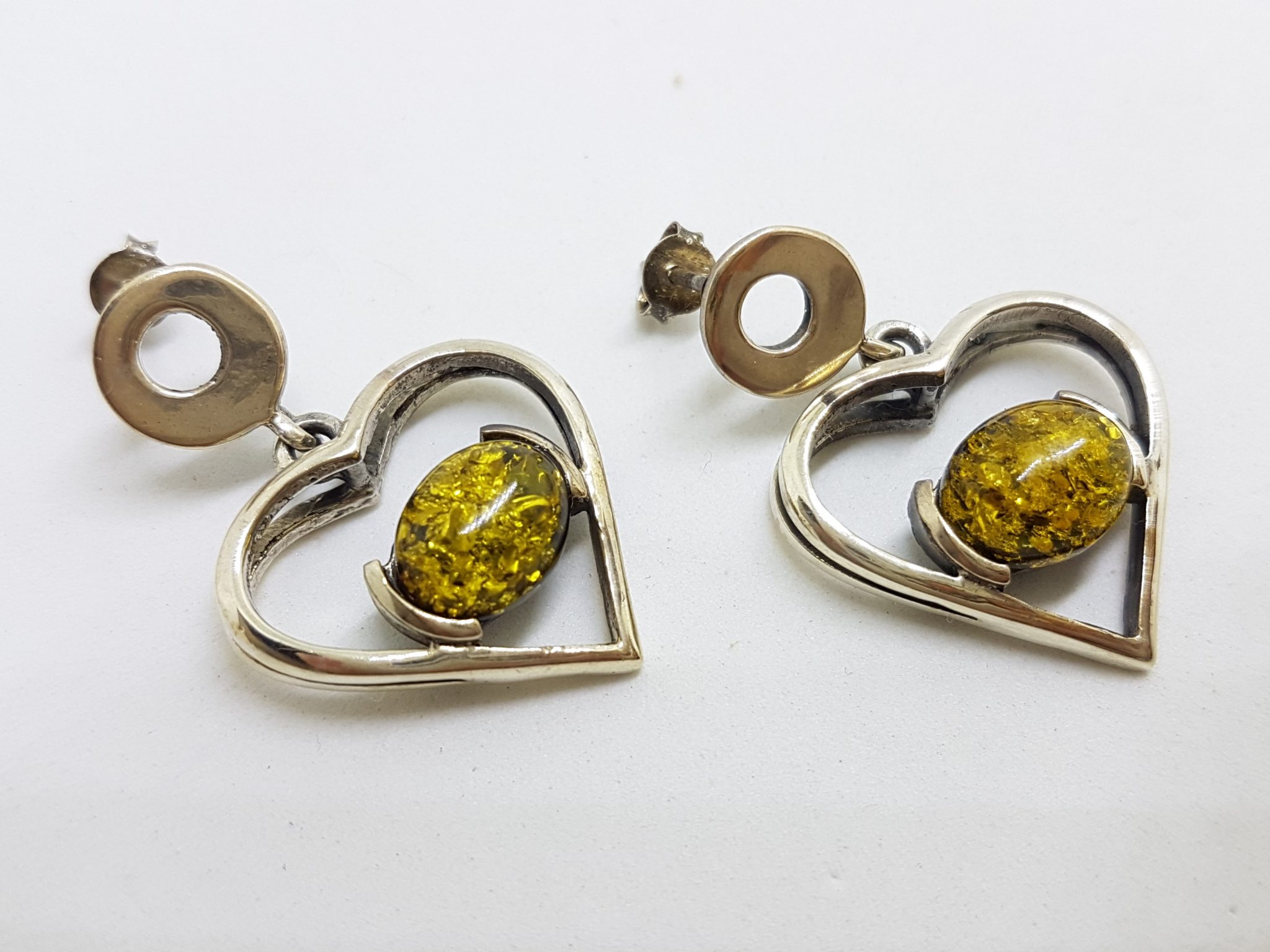 Sterling Silver Green Natural Baltic Amber Heart Drop Earrings