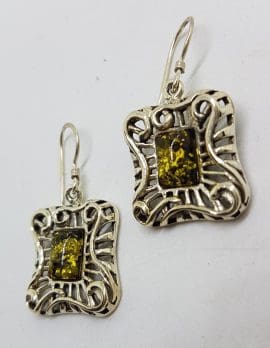 Sterling Silver Green Natural Baltic Amber Ornate Large Rectangular Drop Earrings